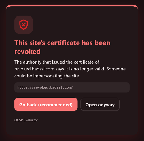 Warning page for a site with a revoked certificate